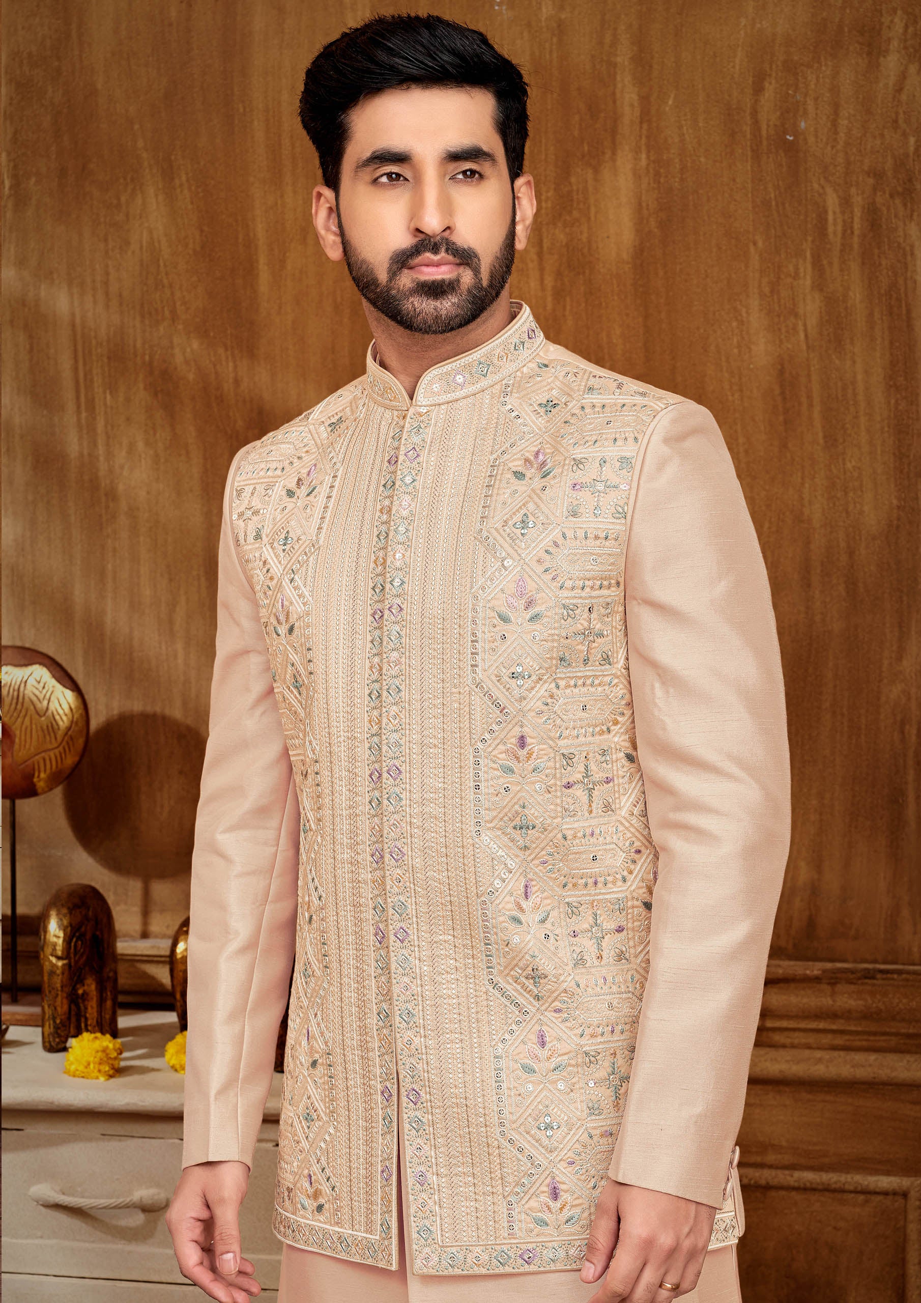Men's Pink Embroidered Jacket and Indo Western Set